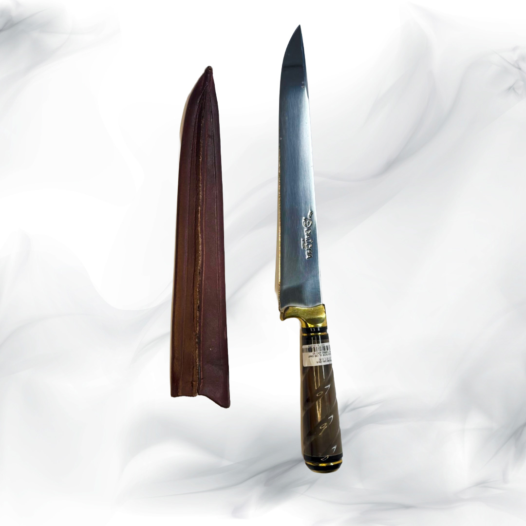 Cuchillo 10 pulgadas, 3 mm de espesor mango Asta con funda de cuero.